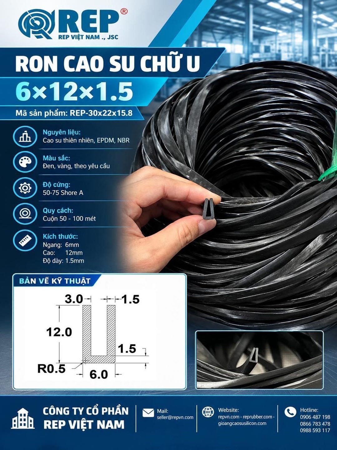 Gioăng cao su chữ U 6x12x1.5