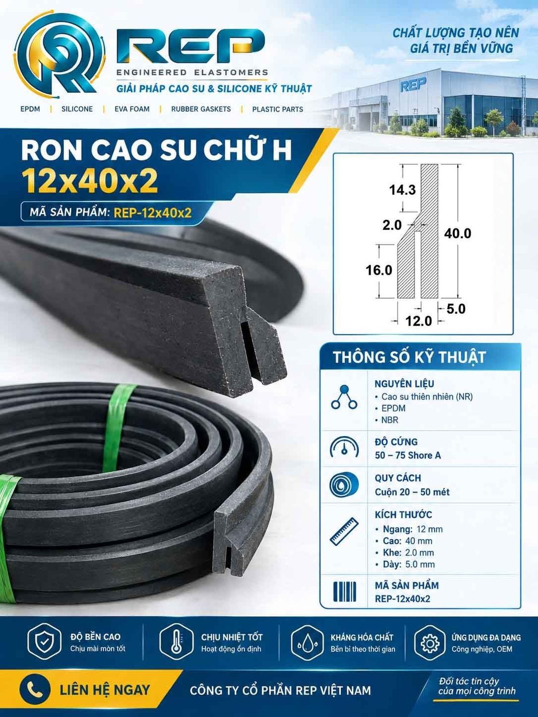 Gioăng cao su chữ H 12x40x2