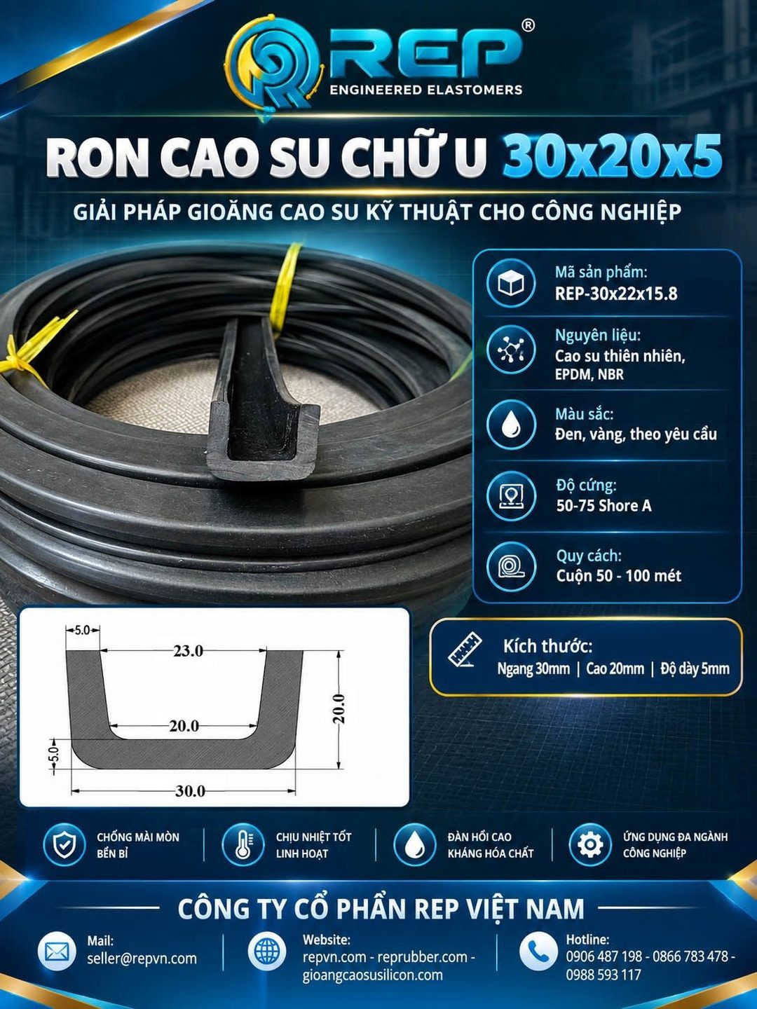 Gioăng cao su chữ U 30x20x5
