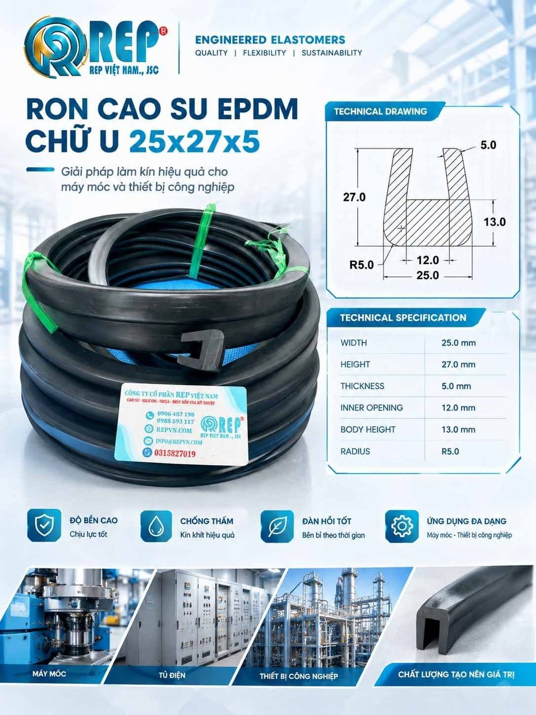 Gioăng EPDM định hình chữ U 25x27x5