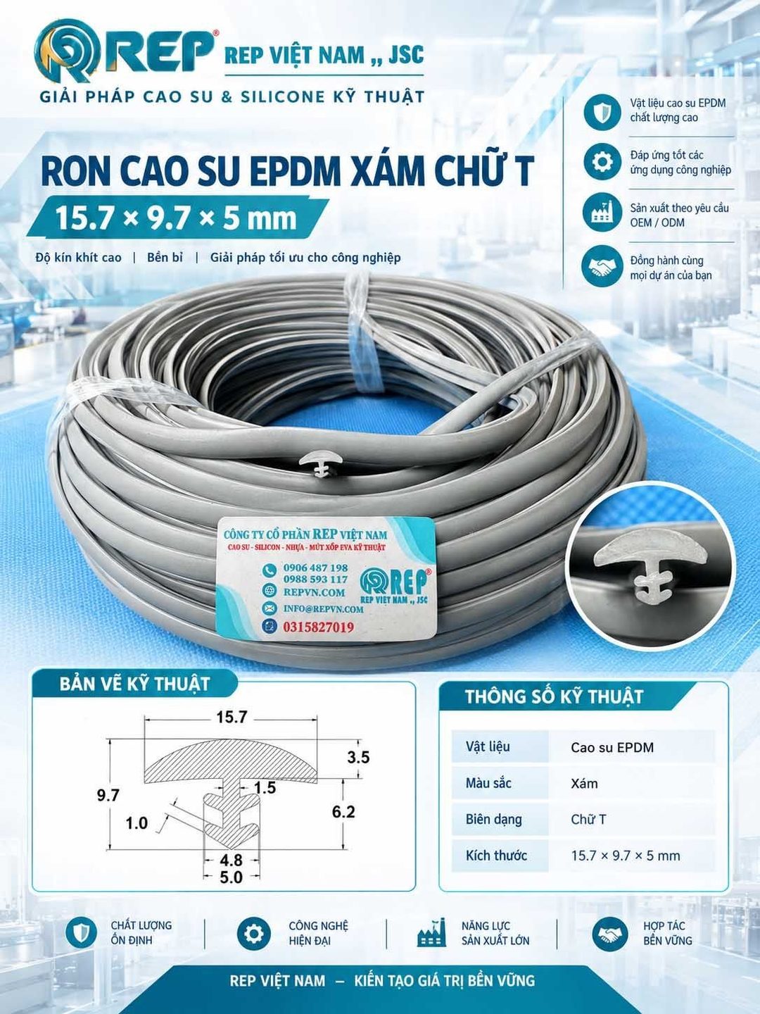 Gioăng cao su EPDM xám chữ T 15.7x9.7x5