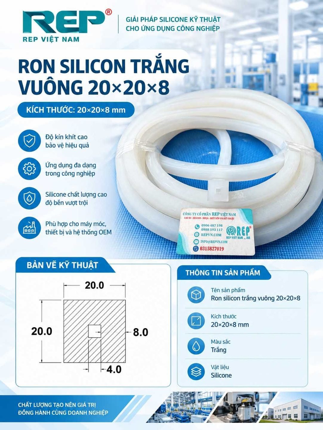 Gioăng silicon vuông kích thước 20x20x8