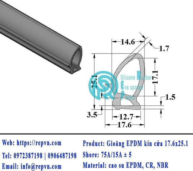 Gioang cao su EPDM kin cua nhom Xingfa 17.6x25.1 min