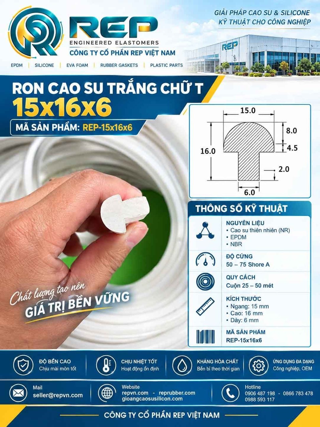 Gioăng cao su trắng chữ T 15x16x6