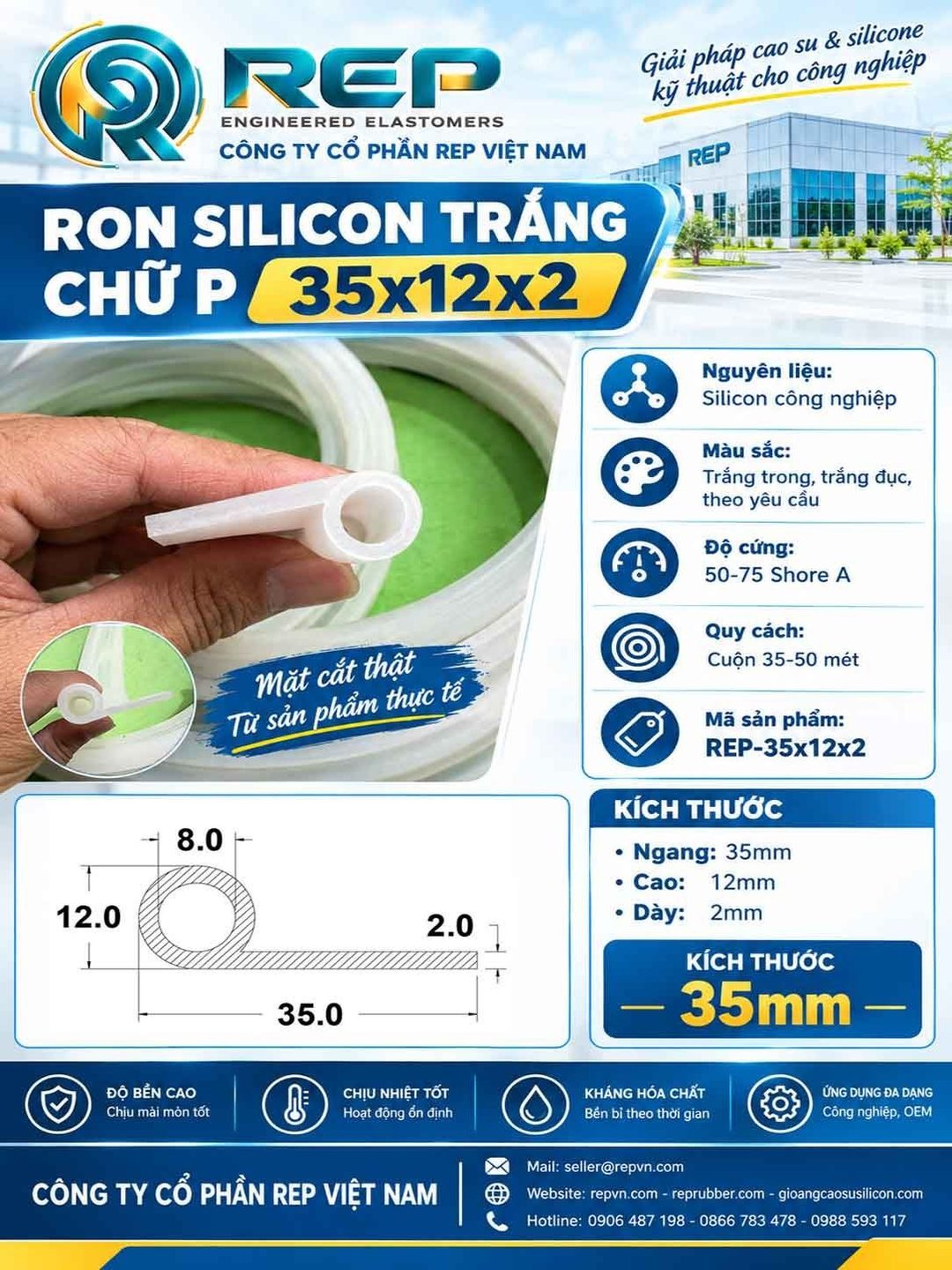 Gioăng silicon trắng chữ P 35x12x2