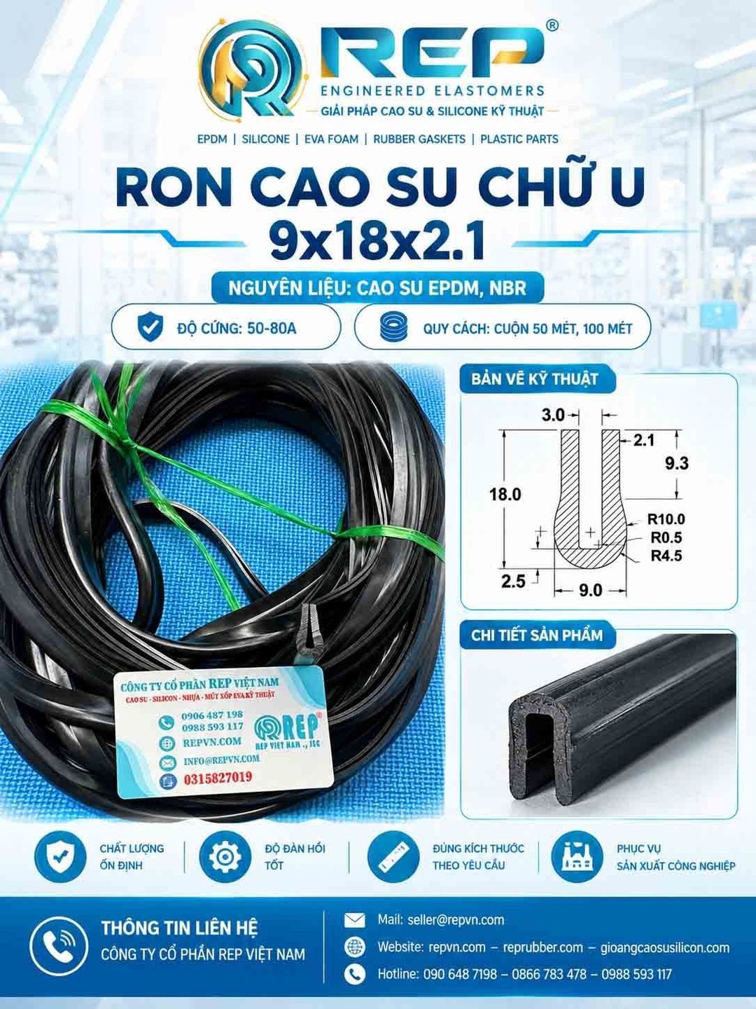Gioăng cao su định hình chữ U 9x18x2.1